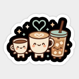Cute Kawaii Coffee Trio Latte Cup & Iced Coffee Friends Barista Lovers Sticker